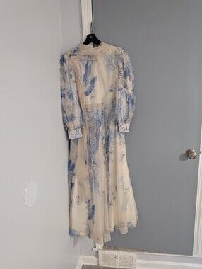 Blue & Cream Floral Formal Gown | Sheer Puff Sleeves | Romantic Garden Party Max